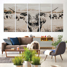 27497342-MGV-CV-60X31-5P-Texas Longhorn Wall Art Canvas Print, Framed Speckled Cow Art Picture Print, Horned Cattle Perfect Rustic Western Decor Artwork