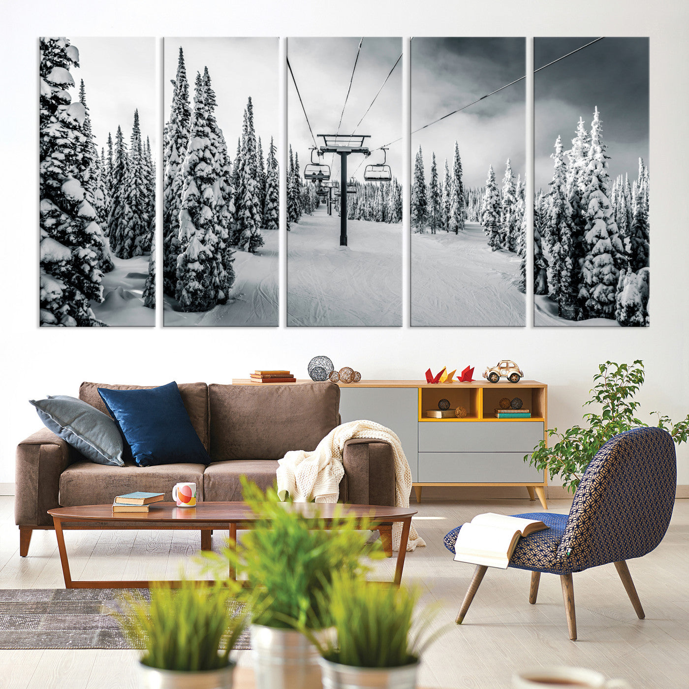 31156828-MGV-CV-60X31-5P-Snowy Pines Wall Art Canvas Print, Framed Ski Lift Art Picture Print, Winter Forest Perfect Moody Lodge Decor, Ski Lift Wall Art Canvas
