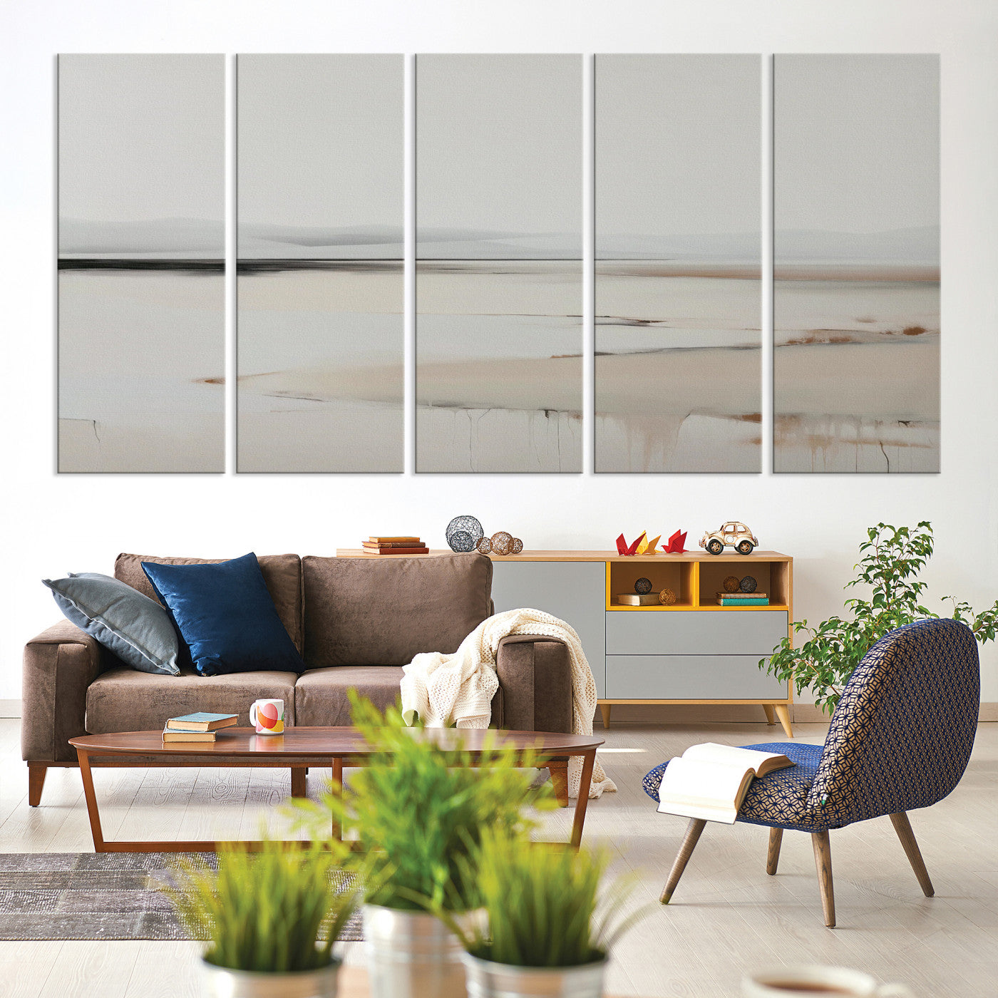 89410095-MGV-CV-60X31-5P-Minimalist Landscape Wall Art Canvas Print, Framed Soft Horizon Art Picture Print, Abstract Seascape Perfect Minimalist Earthy Decor, Framed