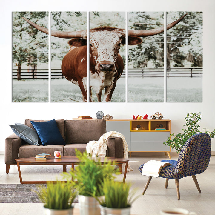 Texas Longhorn Wall Art Canvas Print, Framed Spotted Cow Art Picture Print, Horned Cattle Perfect Rustic Western Decor, Framed Horned Cattle Print