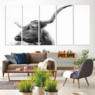 64392617-MGV-CV-60X31-5P-Longhorn Wall Art Wall Art Canvas Print, Framed Modern Ranch Style Art Art Picture Print, Monochrome Cow Print Perfect Rustic Western Decor