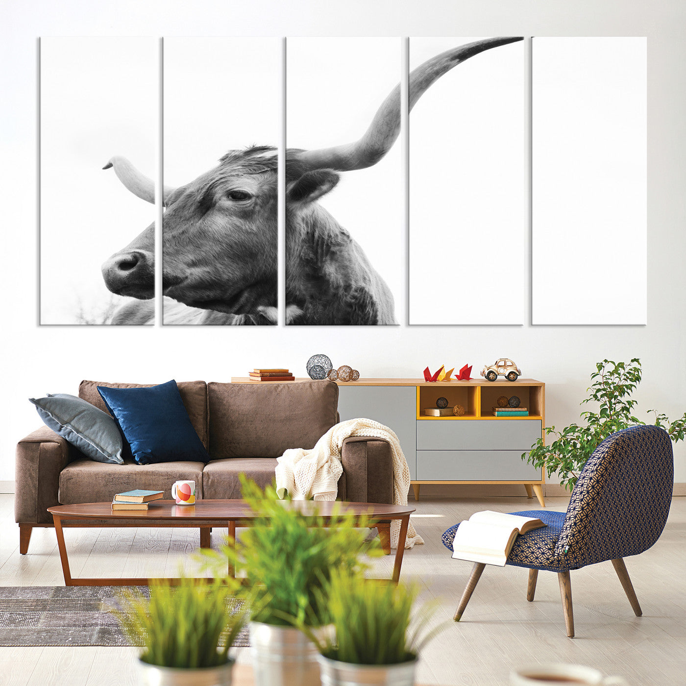 64392617-MGV-CV-60X31-5P-Longhorn Wall Art Wall Art Canvas Print, Framed Modern Ranch Style Art Art Picture Print, Monochrome Cow Print Perfect Rustic Western Decor
