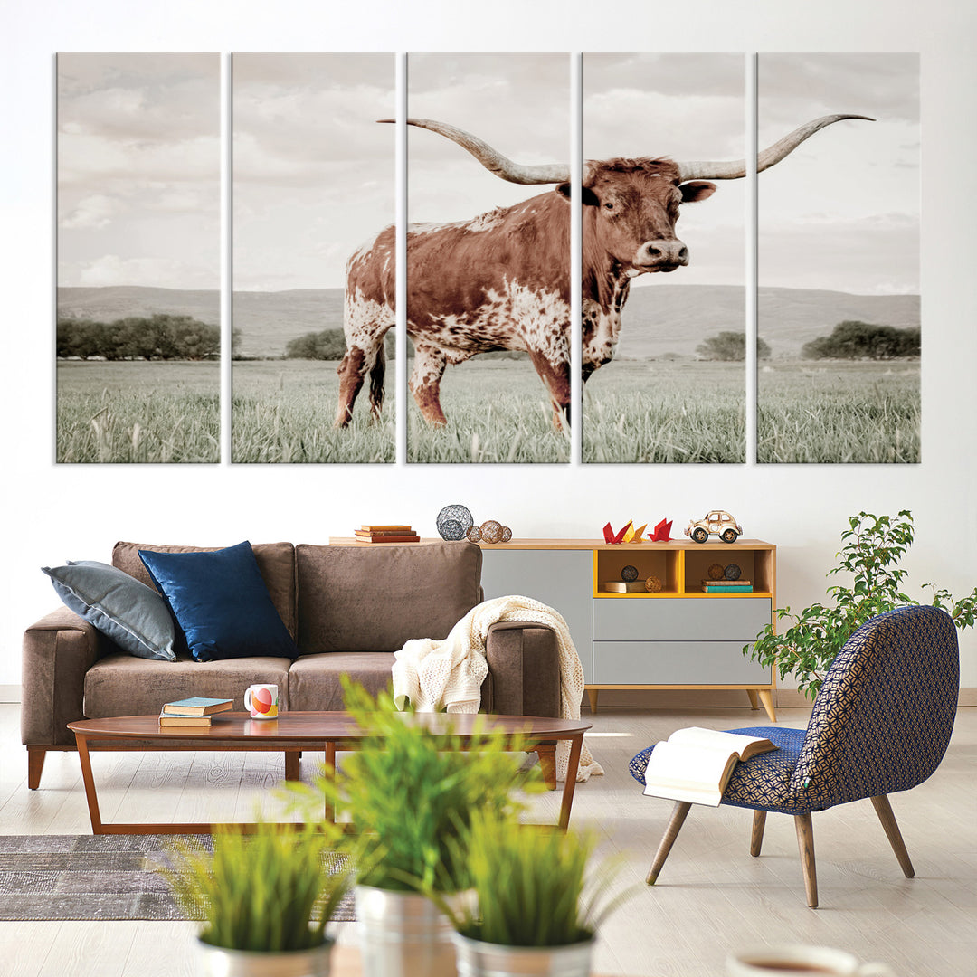 Texas Longhorn Wall Art Canvas Print, Framed Spotted Cattle Art Picture Print, Horned Bull Perfect Rustic Western Decor Artwork