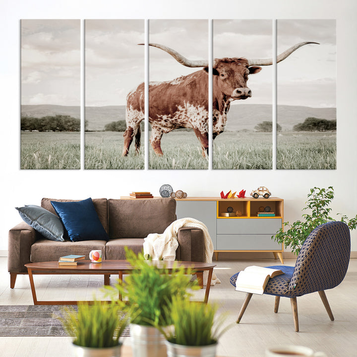 Texas Longhorn Wall Art Canvas Print, Framed Spotted Cattle Art Picture Print, Horned Bull Perfect Rustic Western Decor Artwork