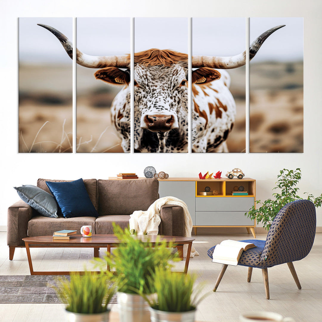 Texas Longhorn Wall Art Canvas Print, Framed Spotted Cow Art Picture Print, Horned Cattle Perfect Rustic Western Decor Artwork