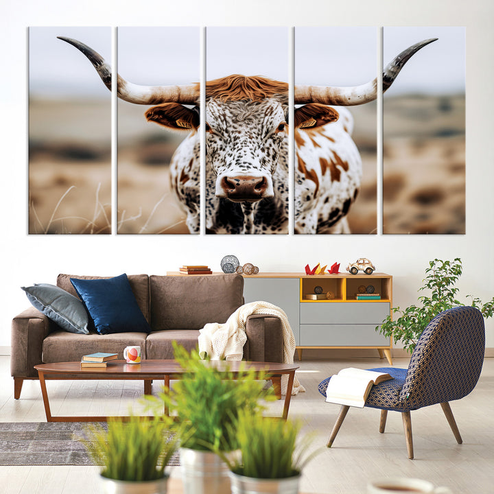 Texas Longhorn Wall Art Canvas Print, Framed Spotted Cow Art Picture Print, Horned Cattle Perfect Rustic Western Decor Artwork