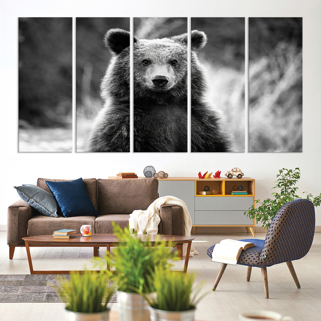 Grizzly Bear Wall Art Canvas Print, Framed Black White Bear Art Picture Print, Wild Bear Perfect Rustic Wildlife Decor