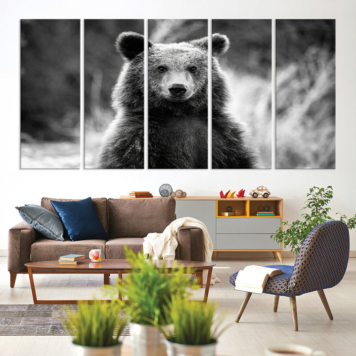 Grizzly Bear Wall Art Canvas Print, Framed Black White Bear Art Picture Print, Wild Bear Perfect Rustic Wildlife Decor