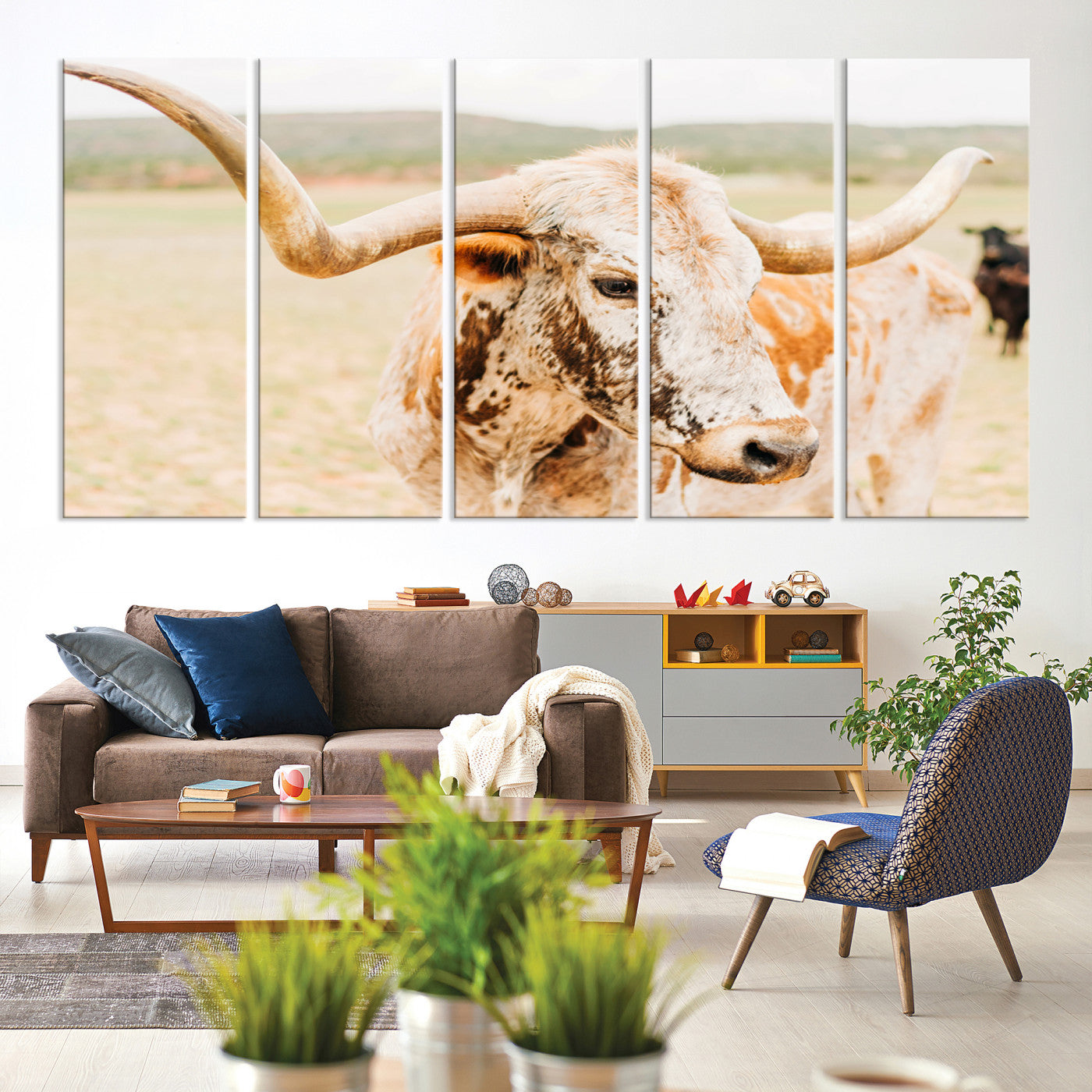 21060648-MGV-CV-60X31-5P-Texas Longhorn Wall Art Canvas Print, Framed Speckled Cow Art Picture Print, Rustic Bull Perfect Rustic Western Decor, Framed Speckled Cow