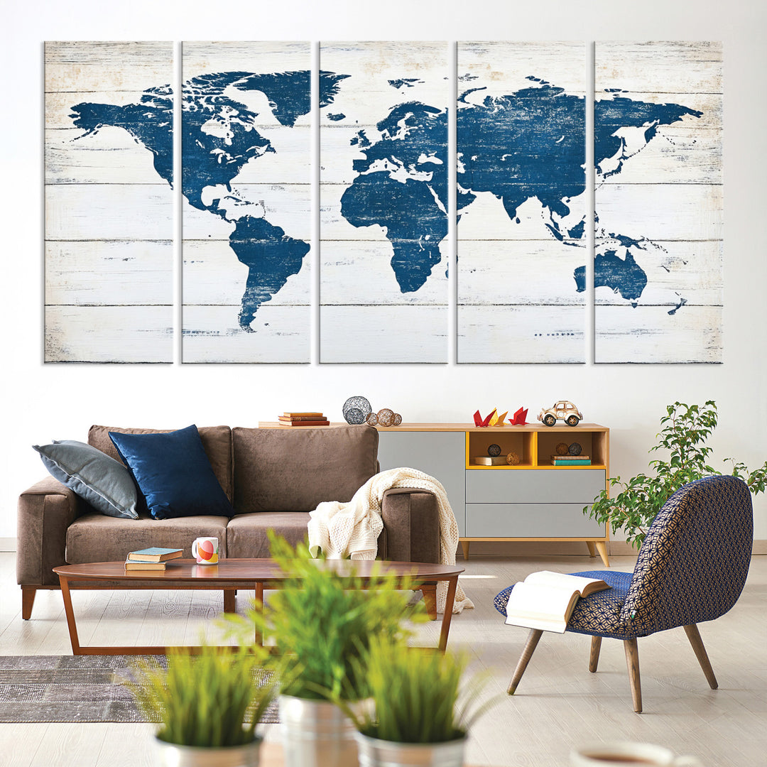 Rustic world map with blue continents on distressed wooden planks, perfect for coastal, explorer, or vintage-style wall decor.