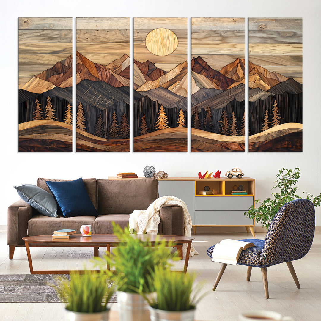 50100230-MGV-CV-60X31-5P-Wood Mountain Wall Art Canvas Print, Framed Boho Wood Art Print, Abstract Woodland Farmhouse Decor
