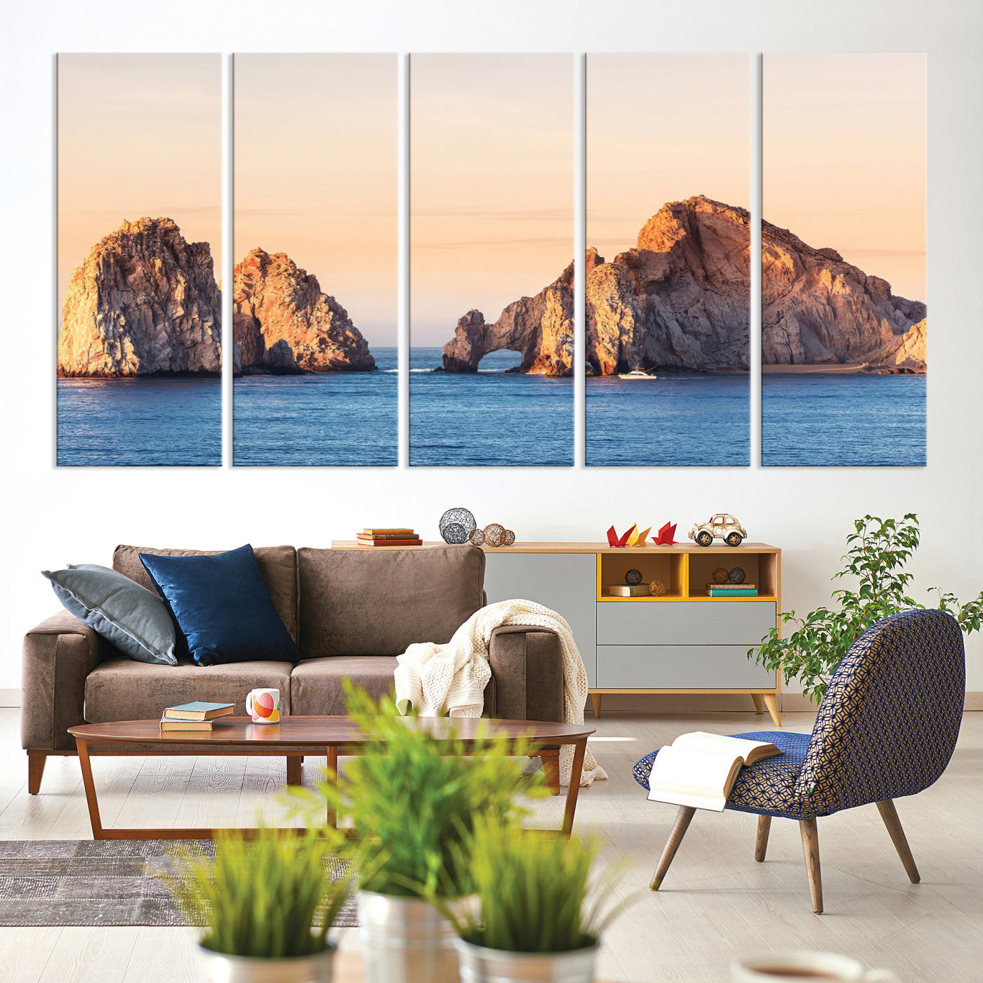 72996116-MGV-CV-60X31-5P-El Arco Wall Art Canvas Print, Framed Cabo Rocks Art Picture Print, Ocean Arch Perfect Golden Coastal Landmark Decor, The Arch Canvas Print