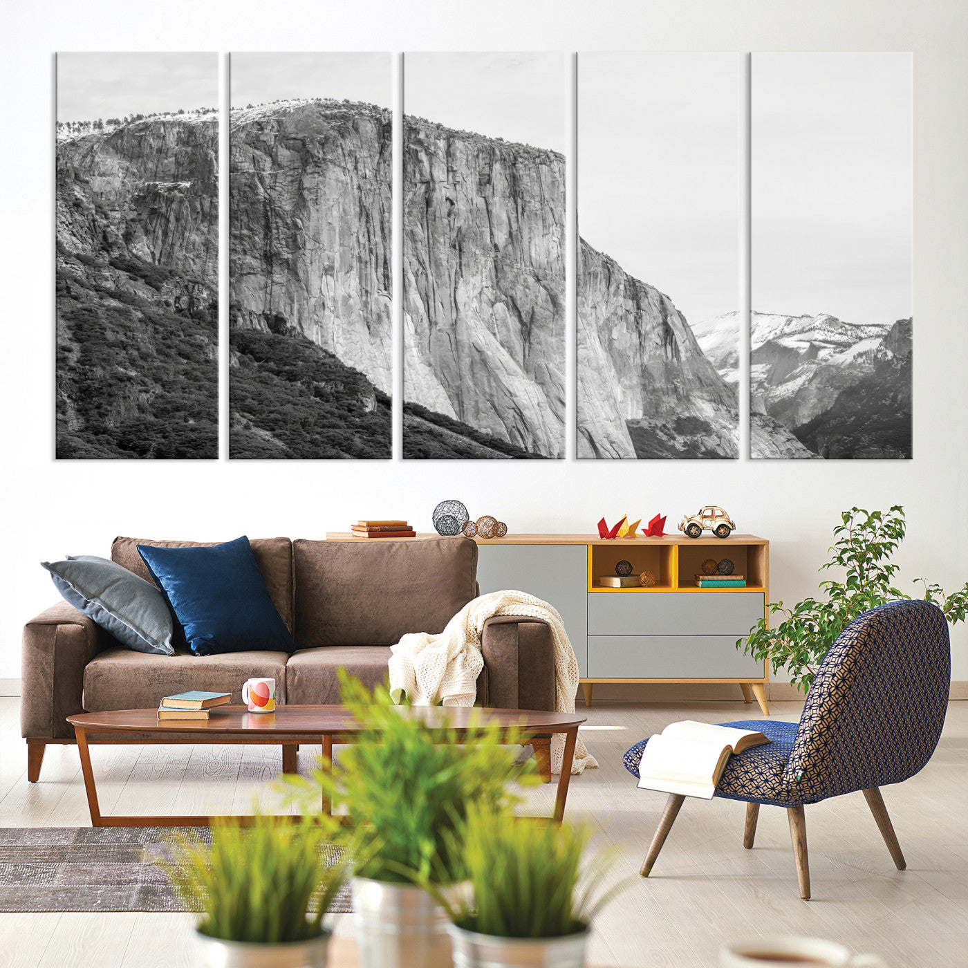 39393420-MGV-CV-60X31-5P-El Capitan Wall Art Canvas Print, Framed Yosemite Cliff Art Picture Print, Monochrome Mountain Perfect Monochrome Sierra Decor