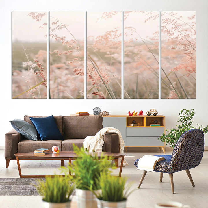 Pastel Grasses Wall Art Canvas Print, Soft Meadow Print, Framed Field in Breeze Art Print, Large Pink Meadow Printing Soft Pastel