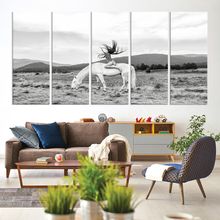 White Horse Wall Art Canvas Print, Woman Rider Print, Framed Equestrian Pose Art Print, Large Grazing Horse Printing Western Boho