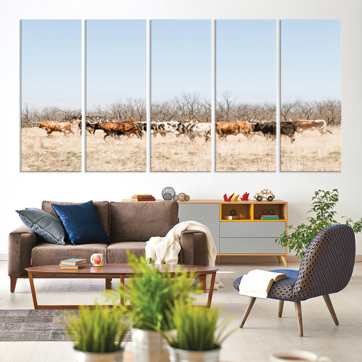 16563092-MGV-CV-60X31-5P-Texas Longhorns Wall Art Canvas Print, Western Cattles Print Wall Art, Framed Rustic Herd Art Print, Large Country Cows Printing Rustic
