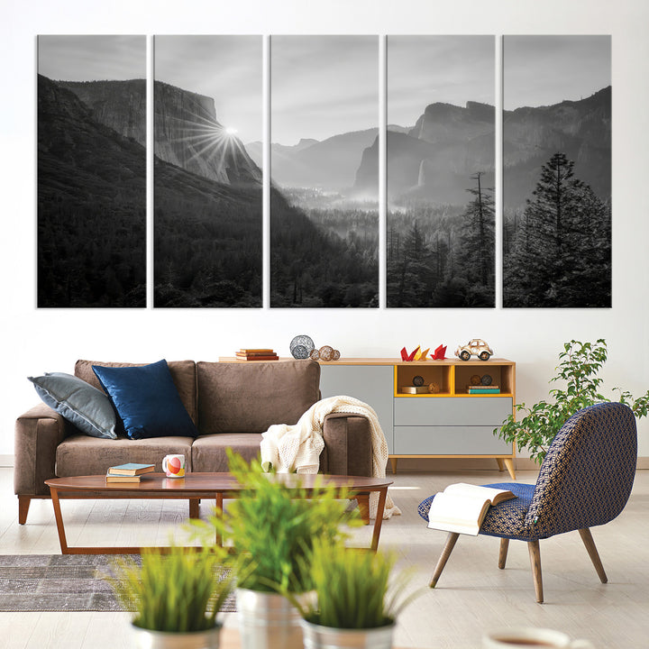 Yosemite Valley Wall Art Canvas Print, El Capitan Sunrise Print, Framed Misty Mountain Art Print, Large Monochrome Valley Printing