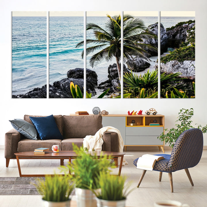 Framed canvas of a vibrant tropical coastline with palm trees, rocky cliffs, and turquoise waters, ideal for tropical coastal home decor.