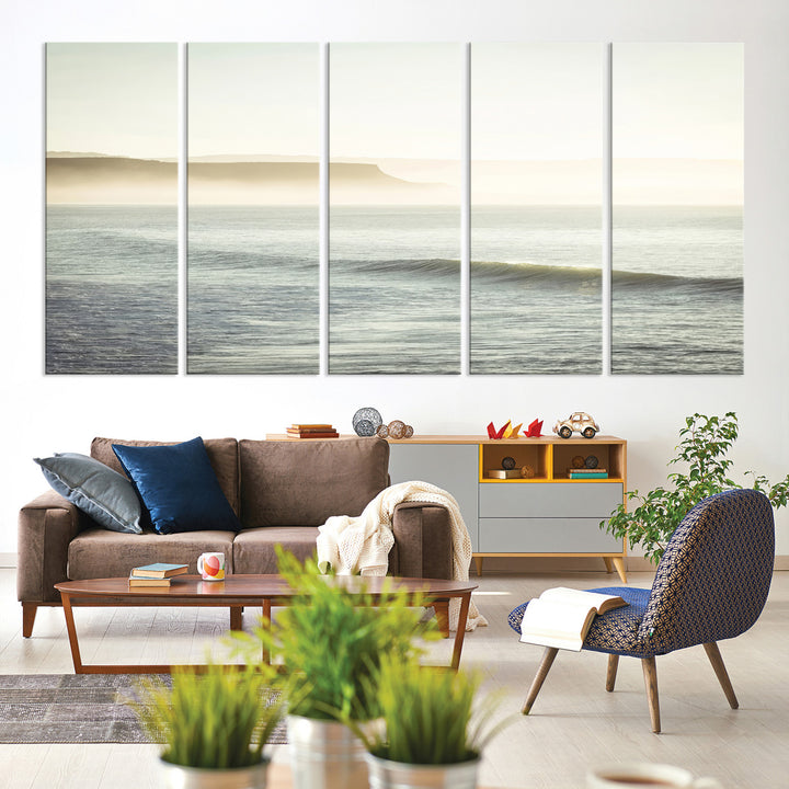 Canvas of a misty ocean scene with coastal cliffs and soft neutral tones, ideal for Scandinavian coastal or minimalist nature-inspired home decor.