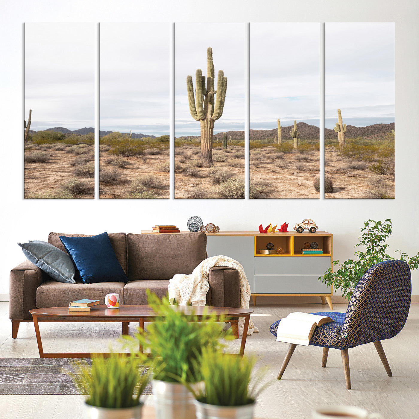 96147924-MGV-CV-60X31-5P-Saguaro Cactus Wall Art Canvas Print, Framed Desert Art Picture Print, Minimalism Perfect Boho Decor, Framed Saguaro Cactus Canvas