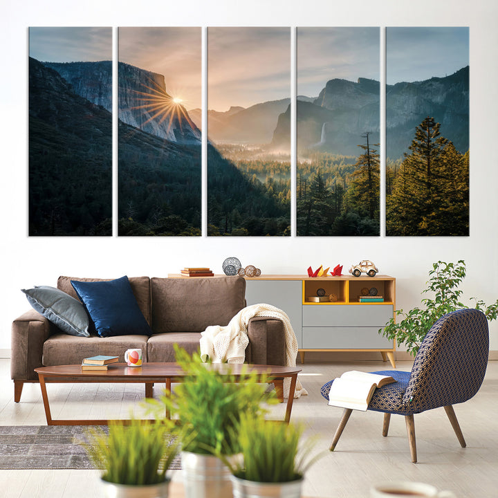 Canvas of Yosemite Valley at sunrise with dramatic rays and earthy tones, perfect for vintage explorer or wilderness-themed home decor.