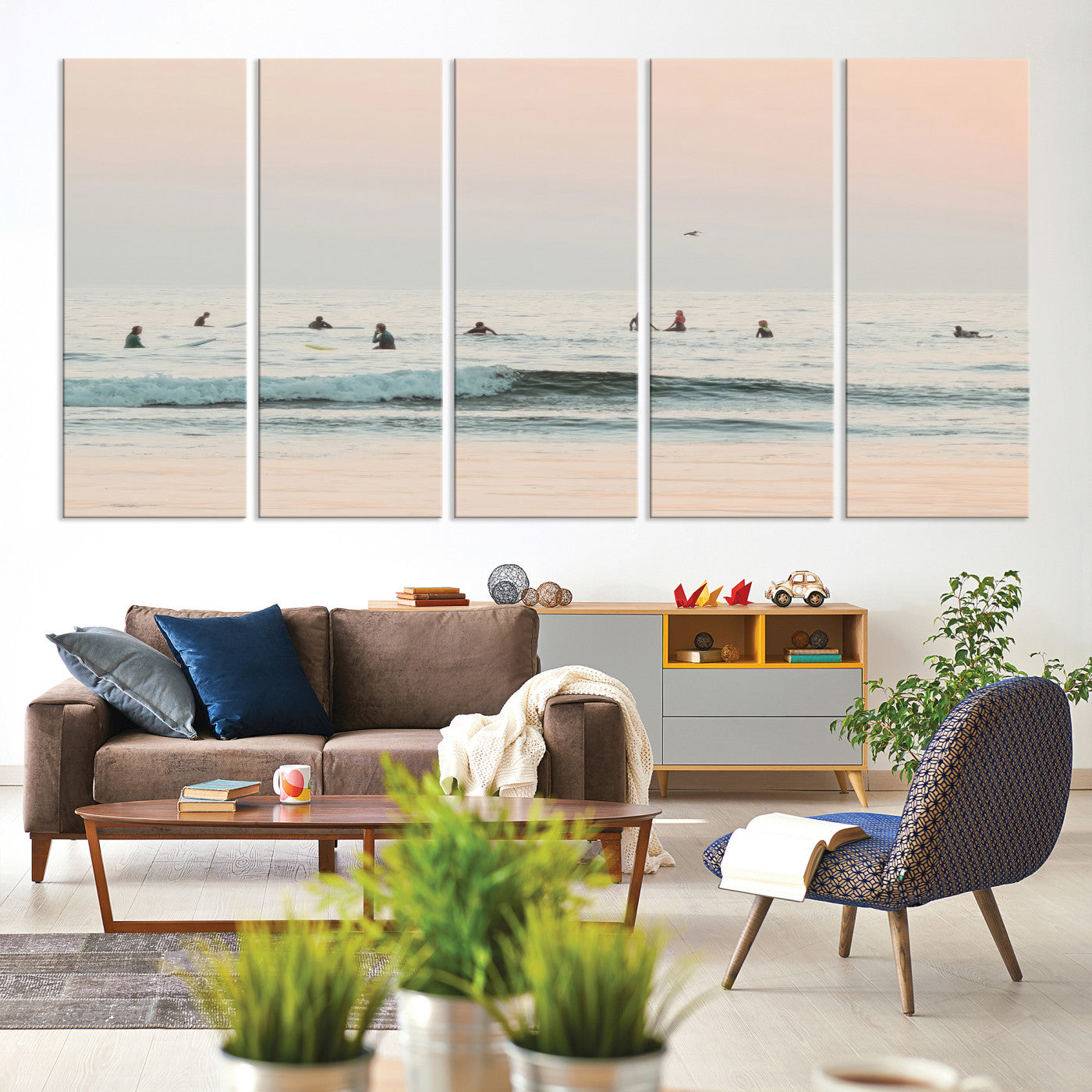 98888919-MGV-CV-60X31-5P-Pastel Ocean Wall Art Canvas Print, Framed Soft Sunset Art Picture Print, Calm Sea Perfect minimalist Decor