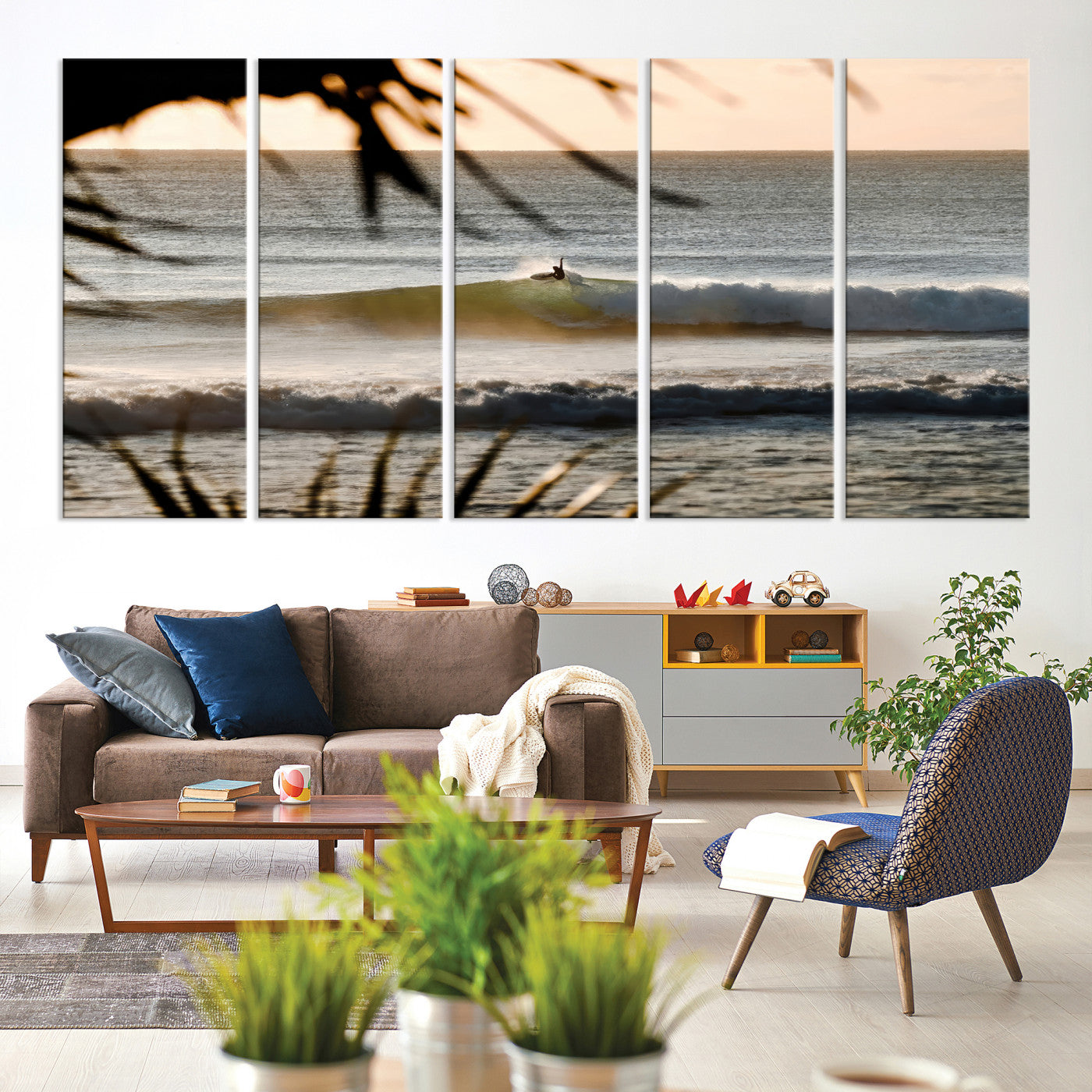 24896468-MGV-CV-60X31-5P-Sunset Surf Wall Art Canvas Print, Framed Golden Hour Art Picture Print, Waves Perfect Boho Decor, Framed Sunset Surf Canvas