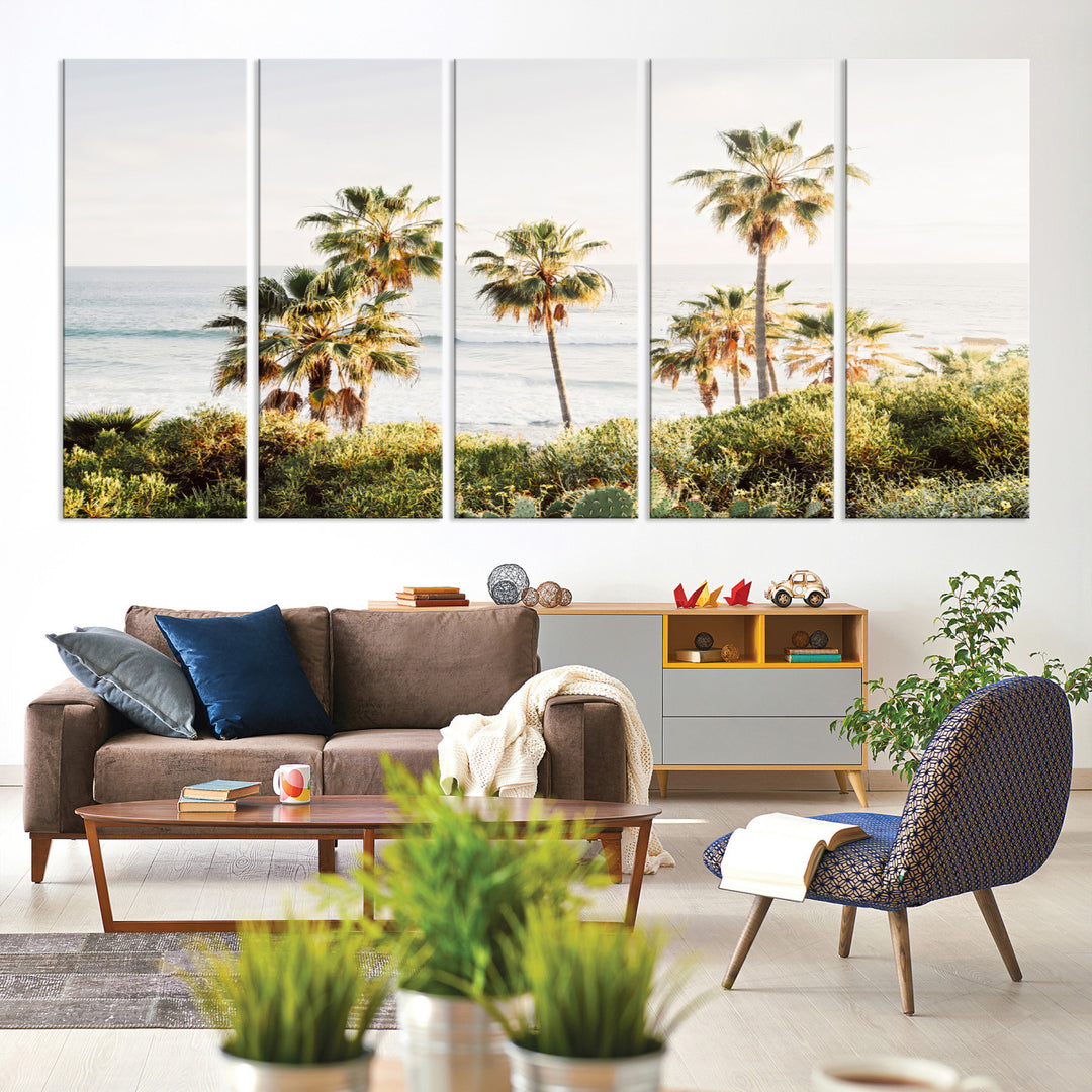 Framed print of sunlit palm trees on the California coast with warm tones, perfect for coastal minimalist or beach-style home decor.