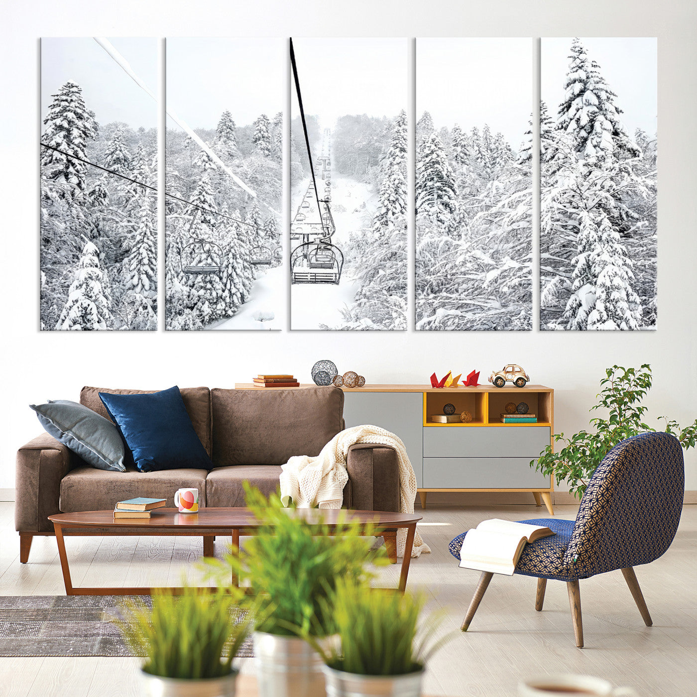 44705668-MGV-CV-60X31-5P-Winter Forest Wall Art Canvas Print, Framed Snowy Forest Art Picture Print, Winter Ski Lift Perfect Scandinavian Minimalist 3/3 Decor