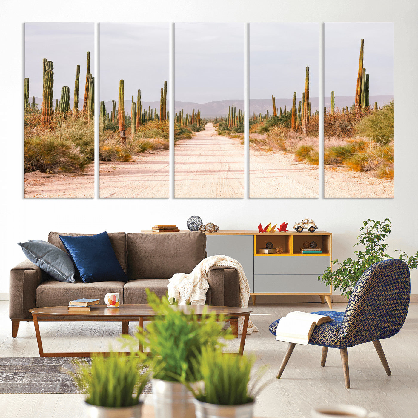 MGV-CV-60X31-5P - Desert Cactus Lined Road Wall Art Canvas Print, Framed Southwestern Landscape Art Picture Print, Bohemian Western Aesthetic Perfect Southwestern Boho Decor Artwork