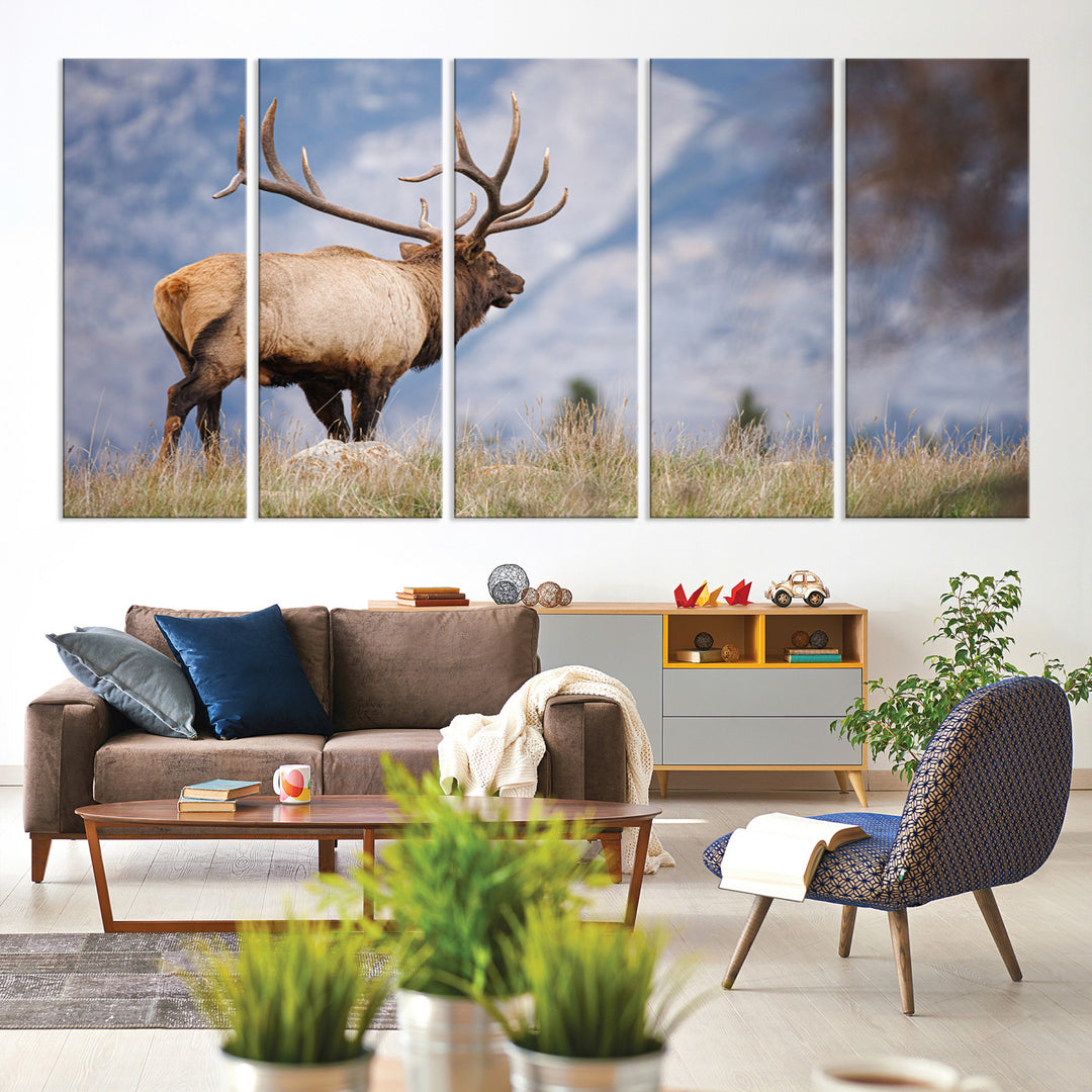 Rustic Elk Wall Art Canvas Print, Wildlife Antler Print, Framed Western Hunting Lodge Art Print