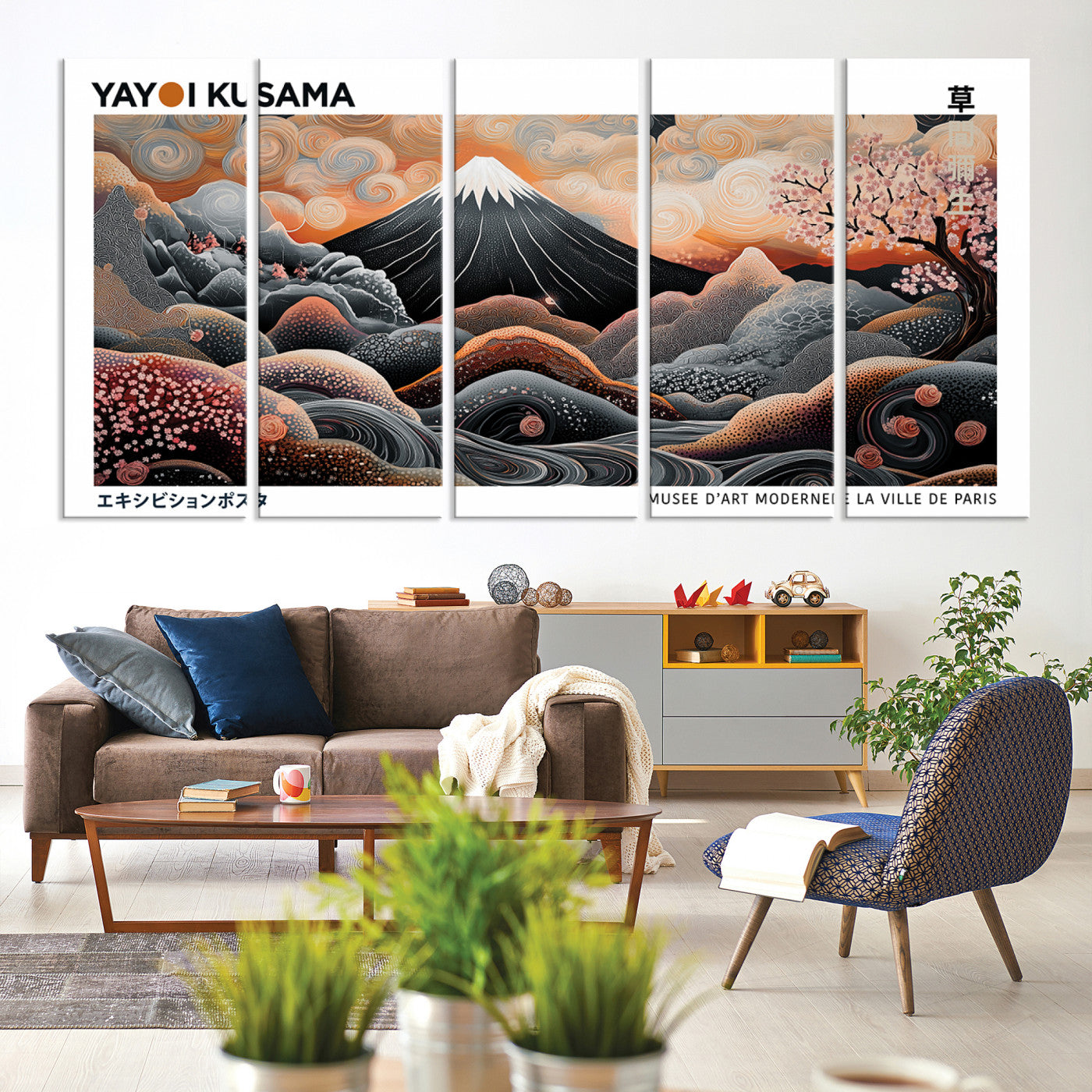 63125329-MGV-CV-60X31-5P-Yayoi Kusama Wall Art Canvas Print, Framed Contemporary Dot Art Picture Print, Japanese Style Perfect Japanese Decor