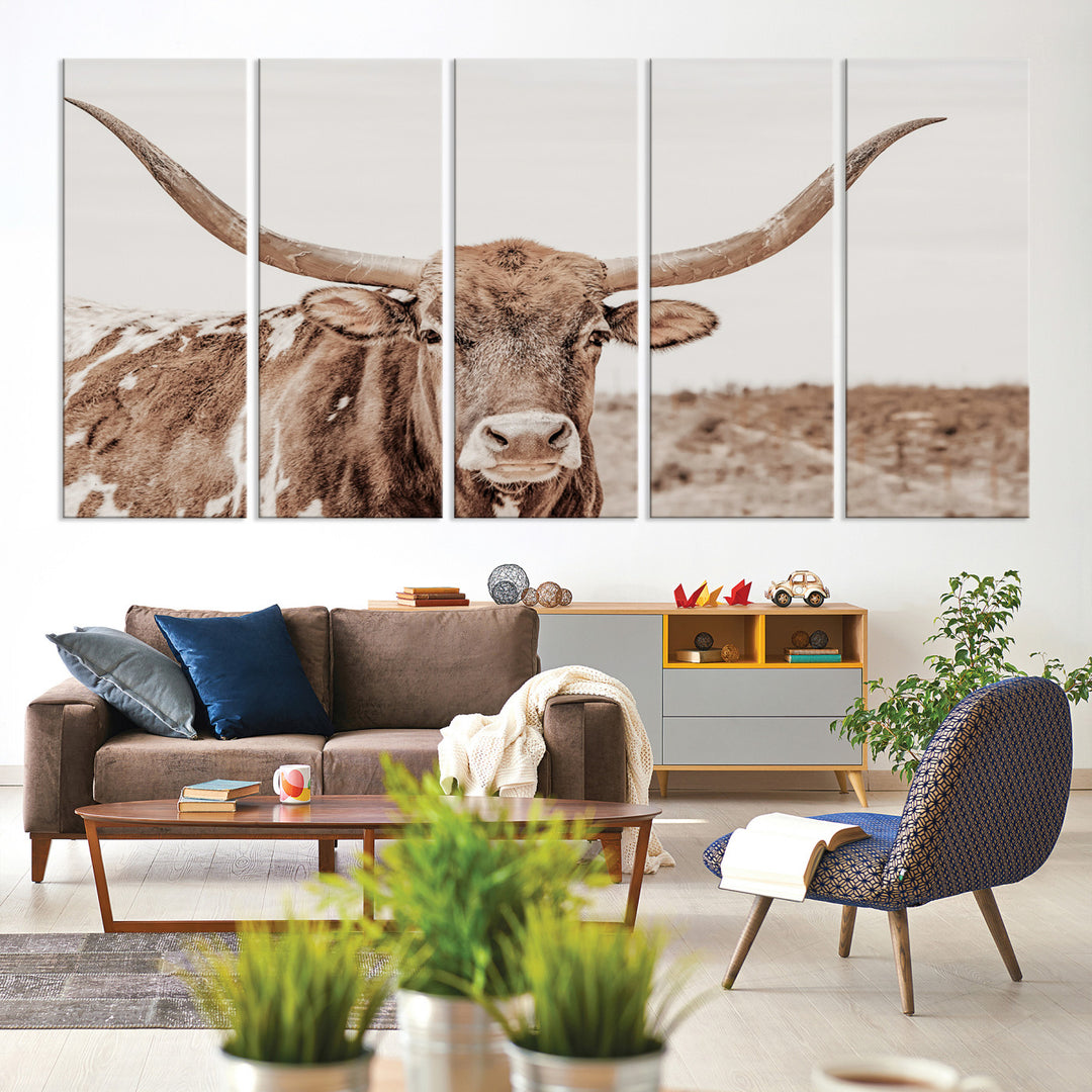 Longhorn Bull Photo Wall Art Canvas Print, Framed Rustic Cow Art Picture Print, Neutral Farmhouse Perfect Rustic Neutral Farmhouse Decor