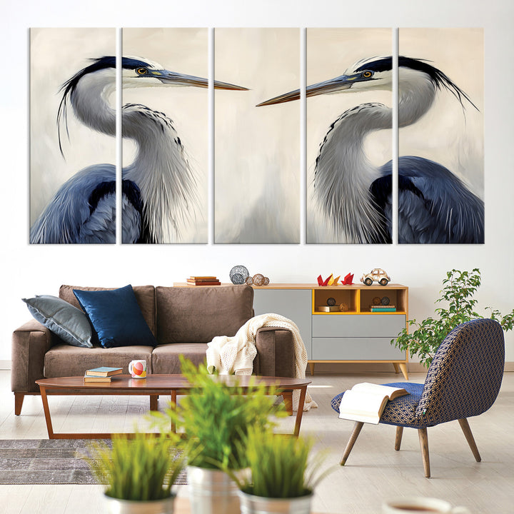 Blue Heron Pair Wall Art Canvas Print, Coastal Bird Theme Print, Framed Tranquil Wildlife Scene Art Print, Large Nature Inspired Decor Printing