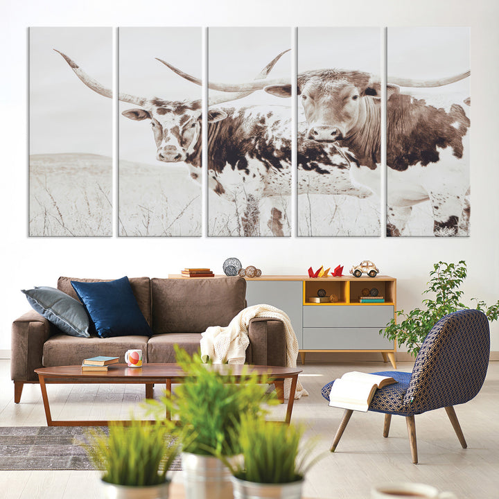 Longhorn Wall Art Wall Art Canvas Print, Western Cow Canvas Print, Framed Rustic Farm Decor Art Print, Large Neutral Animal Scene Printing