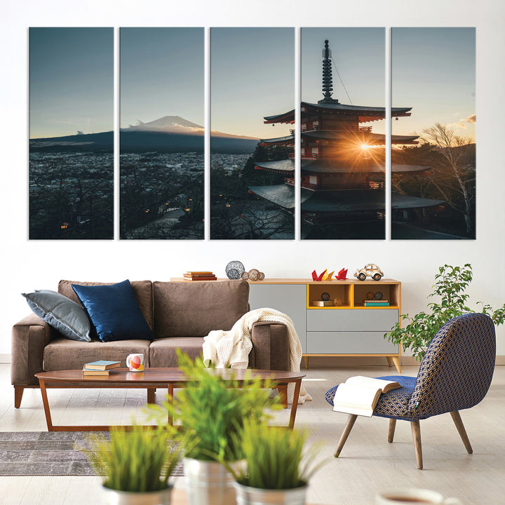 Chureito Pagoda at sunset with Mount Fuji in the background, city lights below, and golden sun rays, ideal for Japanese-inspired wall art.