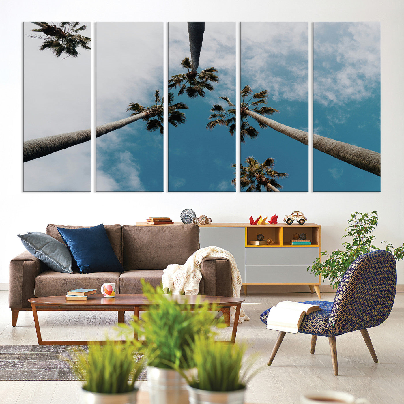 45236398-MGV-CV-60X31-5P-Tropical Palm Trees Wall Art Canvas Print, Framed California Sky Art Picture Print, Minimalist Nature Perfect Coastal Minimalist Decor