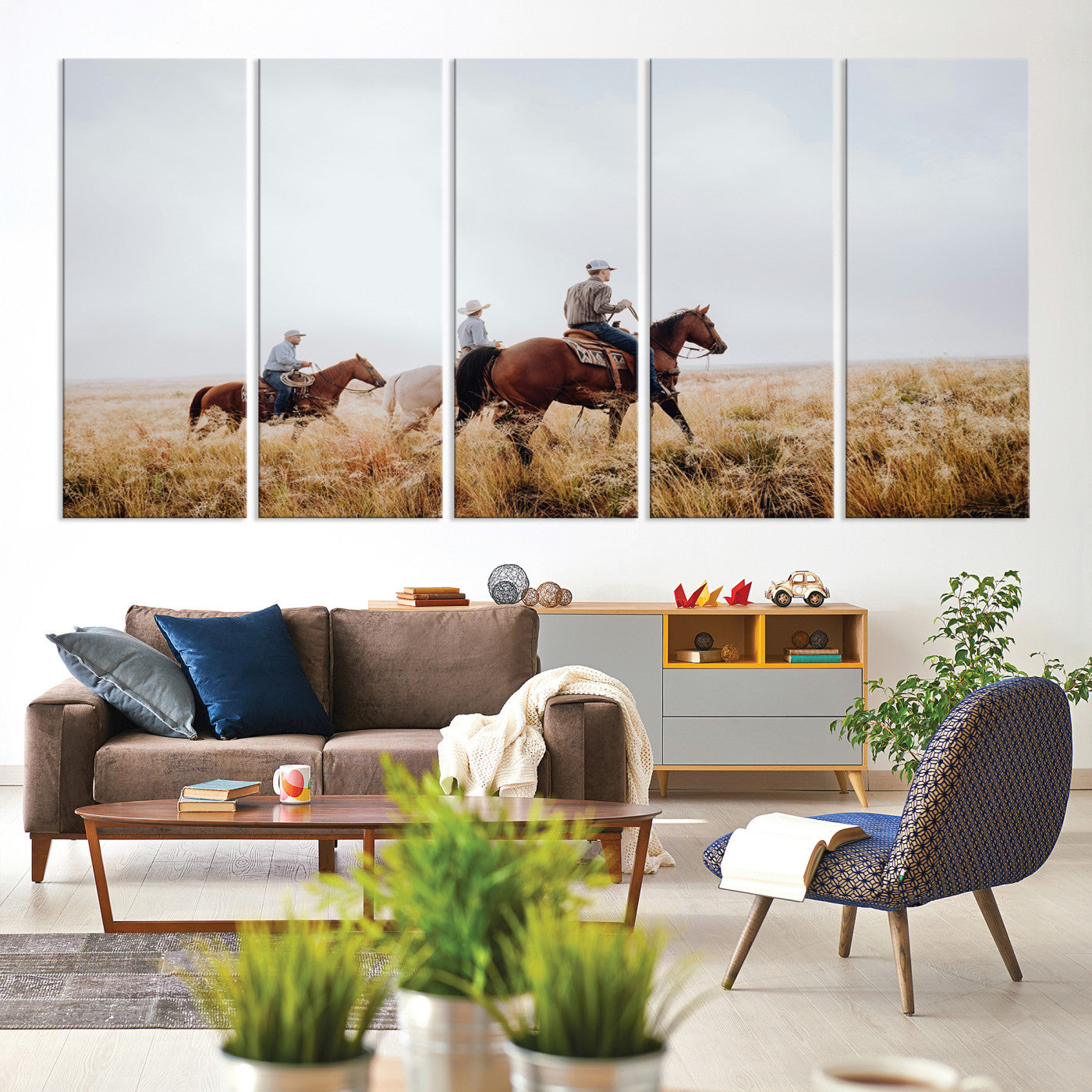 94723307-MGV-CV-60X31-5P-Western Cowboys Wall Art Canvas Print, Framed Rustic Prairie Art Picture Print, Horseback Riding Print Canvas, Perfect Rustic Western Decor