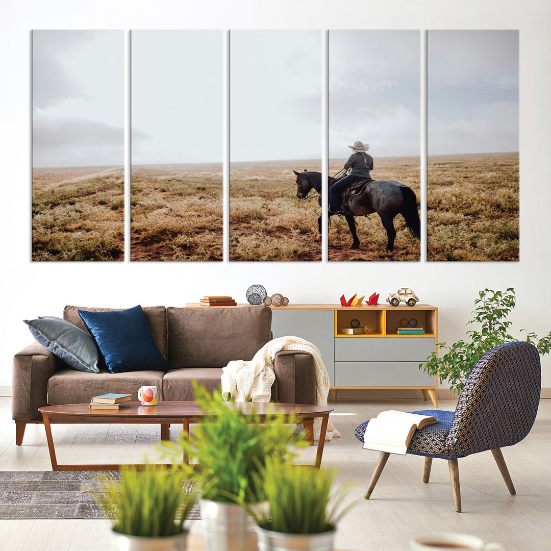 A lone cowboy riding horseback across an open prairie under a vast sky, capturing the rugged and timeless spirit of the Western frontier.