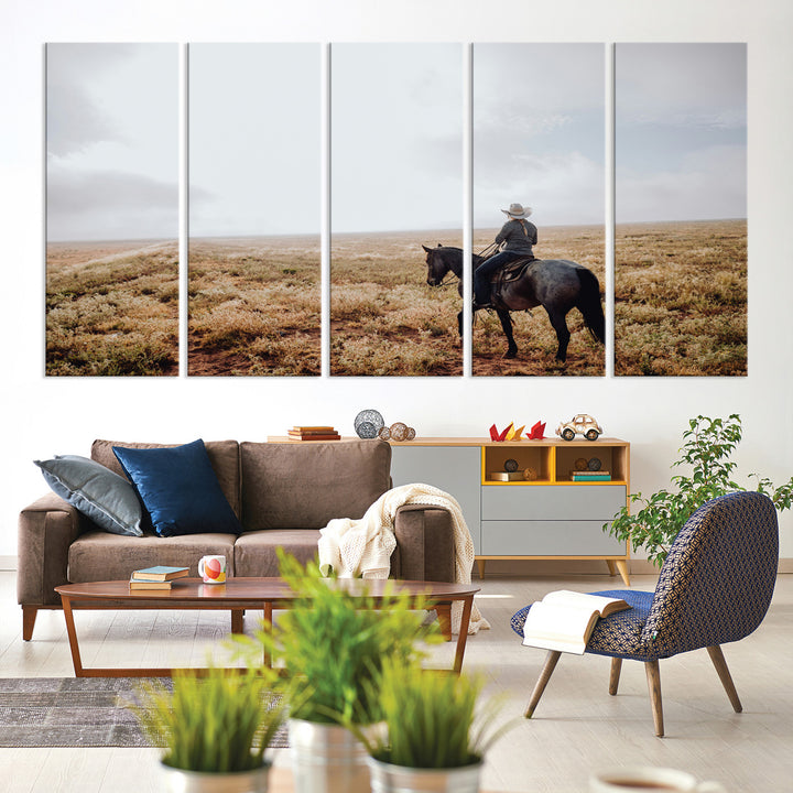 A lone cowboy riding horseback across an open prairie under a vast sky, capturing the rugged and timeless spirit of the Western frontier.