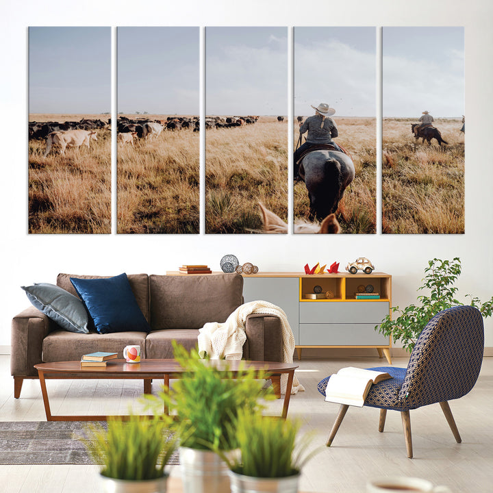 A cowboy and cowgirl on horseback herding cattle through golden grasslands, capturing a rustic and authentic Western ranch lifestyle.