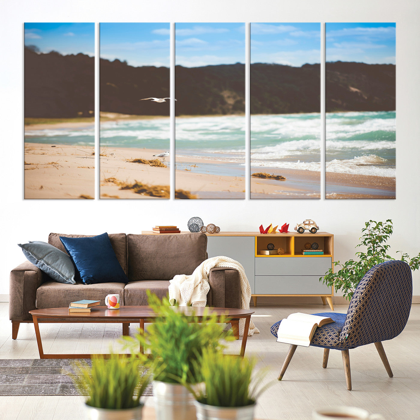 84260965-MGV-CV-60X31-5P-Tranquil Beach Scene Wall Art Canvas Print, Framed Blue Ocean Waves Art Picture Print, Sandy Coastline Perfect Coastal Cottage Decor Artwork