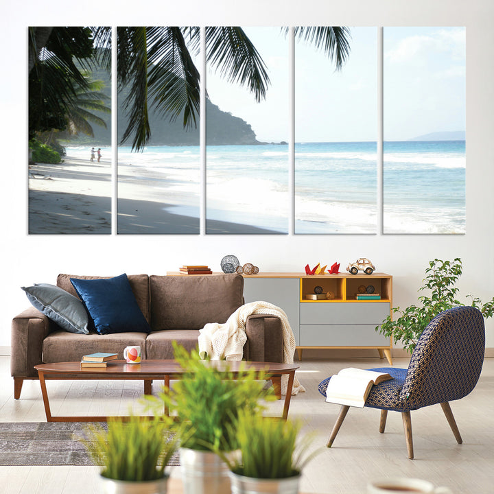 Tropical beach with palm tree shadows, white sand, and turquoise ocean waves, creating a serene and relaxing island escape atmosphere.