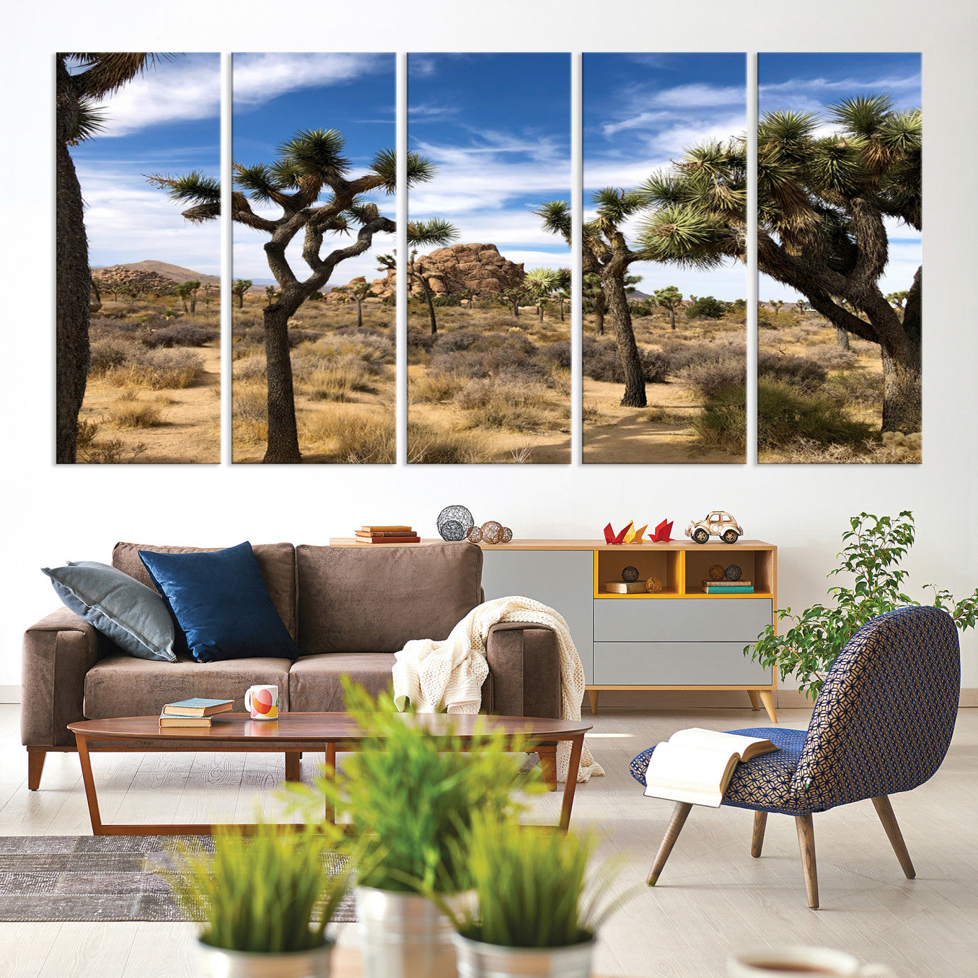 25722592-MGV-CV-60X31-5P-Joshua Tree Desert Wall Art Canvas Print, Framed Southwestern Nature Art Picture Print, Rustic Earth Tones Perfect Southwestern Boho Decor