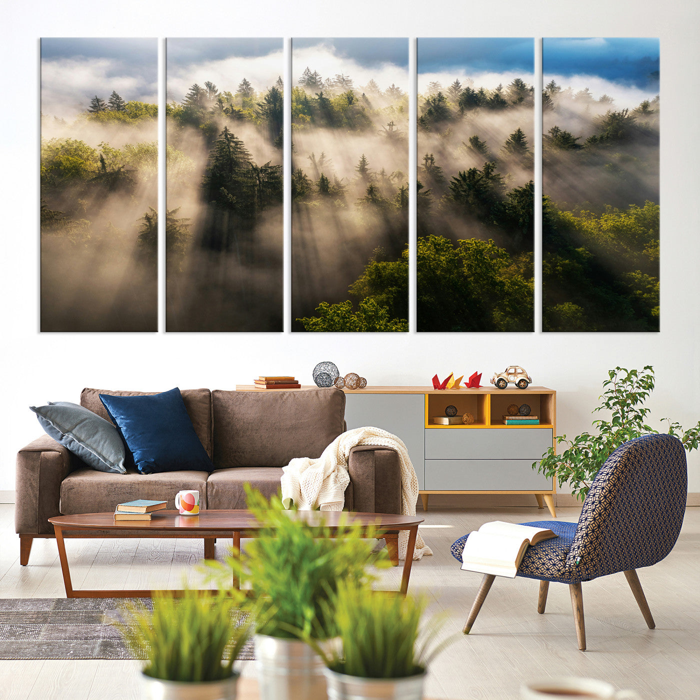 14785710-MGV-CV-60X31-5P-Tranquil Forest Scene Wall Art Canvas Print, Framed Sunbeam Through Trees Art Picture Print, Moody Green Wall Art Perfect Scandinavian