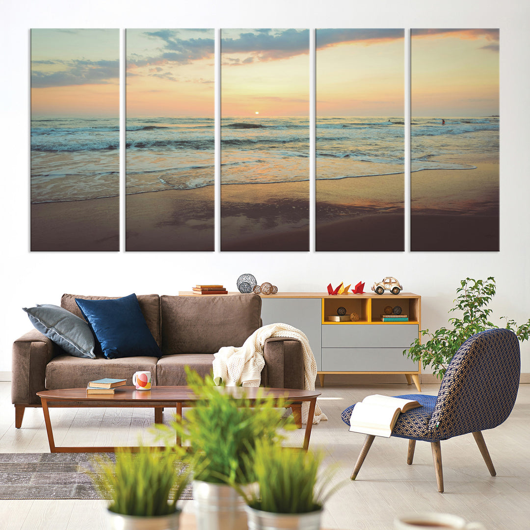 Warm sunset over gentle ocean waves with pastel sky and reflections on wet sand, creating a calm and soothing beach ambiance.