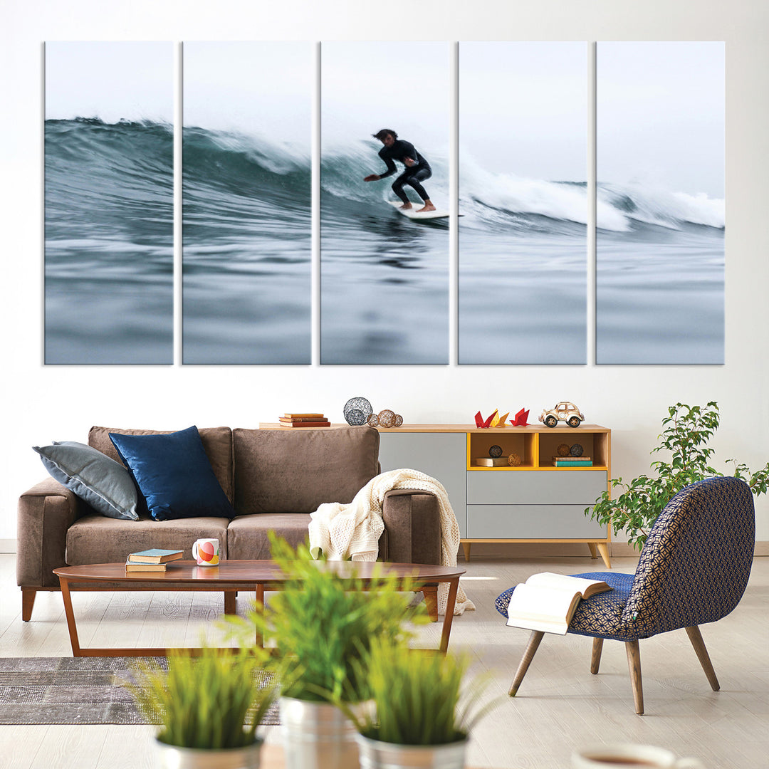 Surfer on Wave Wall Art Canvas Print, Ocean Adventure Print, Framed Motion Blur Water Art Print, Large Deep Blue Surf Printing