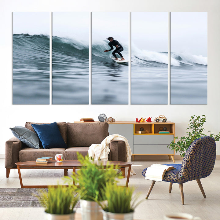 Surfer on Wave Wall Art Canvas Print, Ocean Adventure Print, Framed Motion Blur Water Art Print, Large Deep Blue Surf Printing