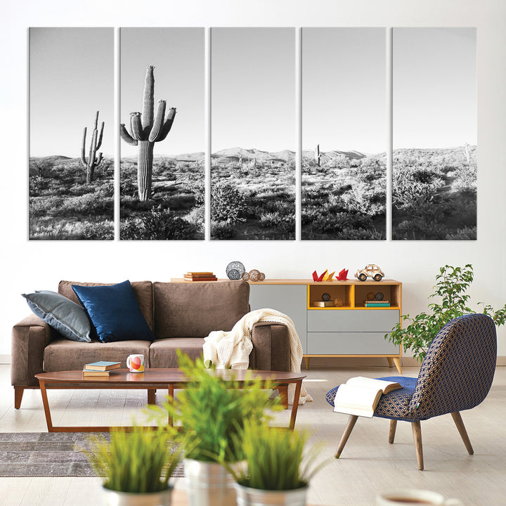 Saguaro Cactus Wall Art Canvas Print, Monochrome Landscape Print, Framed Scenic Arizona Art Print, Large Timeless Western Aesthetic Printing