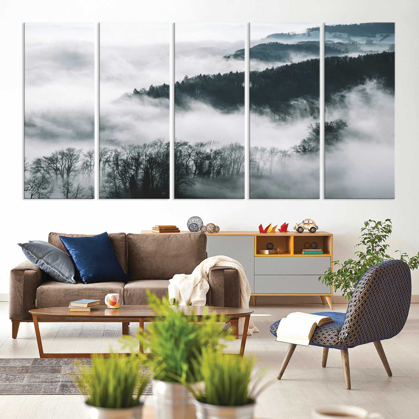 67569654-MGV-CV-80X40-5P-Foggy Forest Landscape Wall Art Canvas Print – Misty Mountain Valley Scene in Monochrome Tones, Perfect for Minimalist or Nordic Home Decor